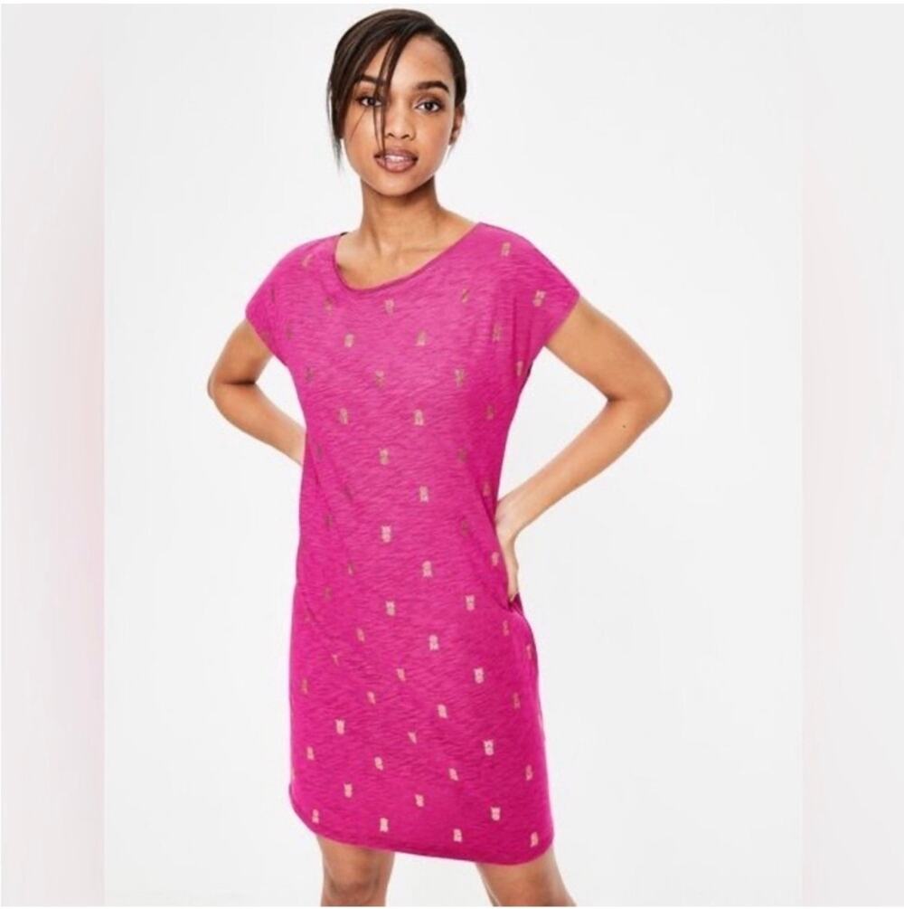 Boden Dress Womens 6 Regular Pink Paulina Cotton Gold Pineapple Shift T-Shirt